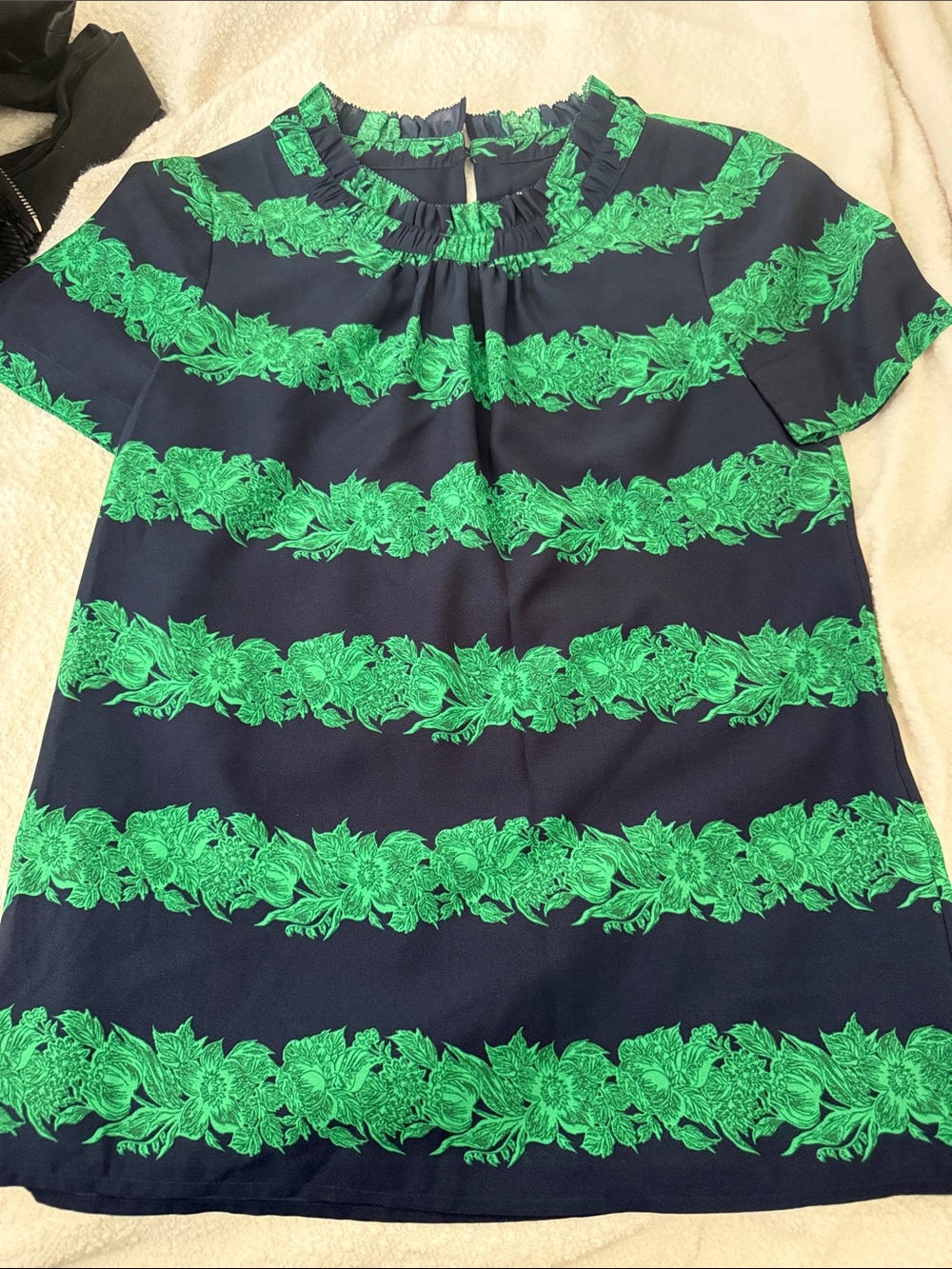 J. Crew Navy Blue and Green Floral Stripe Ruffle Neck Blouse